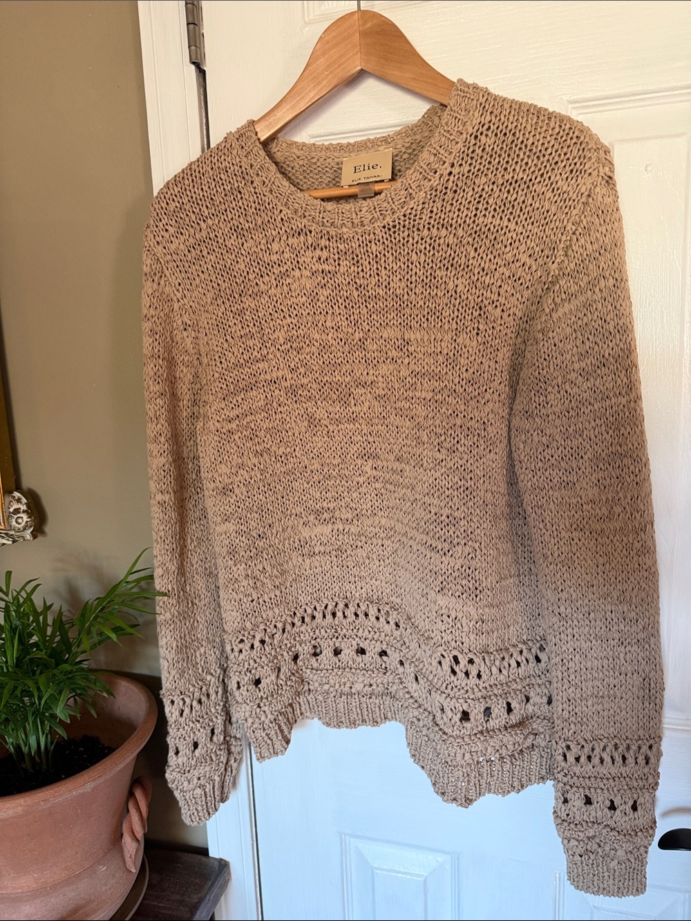 Elie Tahari Taupe Open-Stitch Crewneck Sweater
